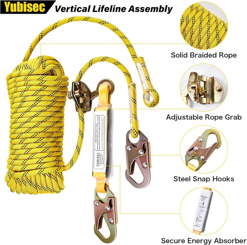 Yubisec Rope Harness Safety Lanyard 50FT, Vertical Lifeline Assembly with Grab Snap Hooks Shock Absorber, Fall Protection Tree Climbing Lifeline Kit, Heavy Duty Roof Safety Equipment ANSI CE - Image 2
